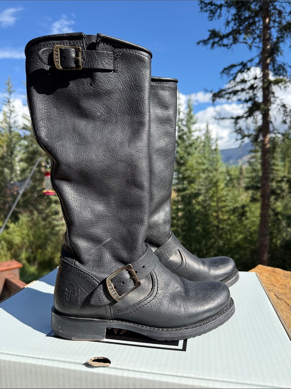 Frye Black Leather Mid-Calf Buckle Heeled Boots - Women